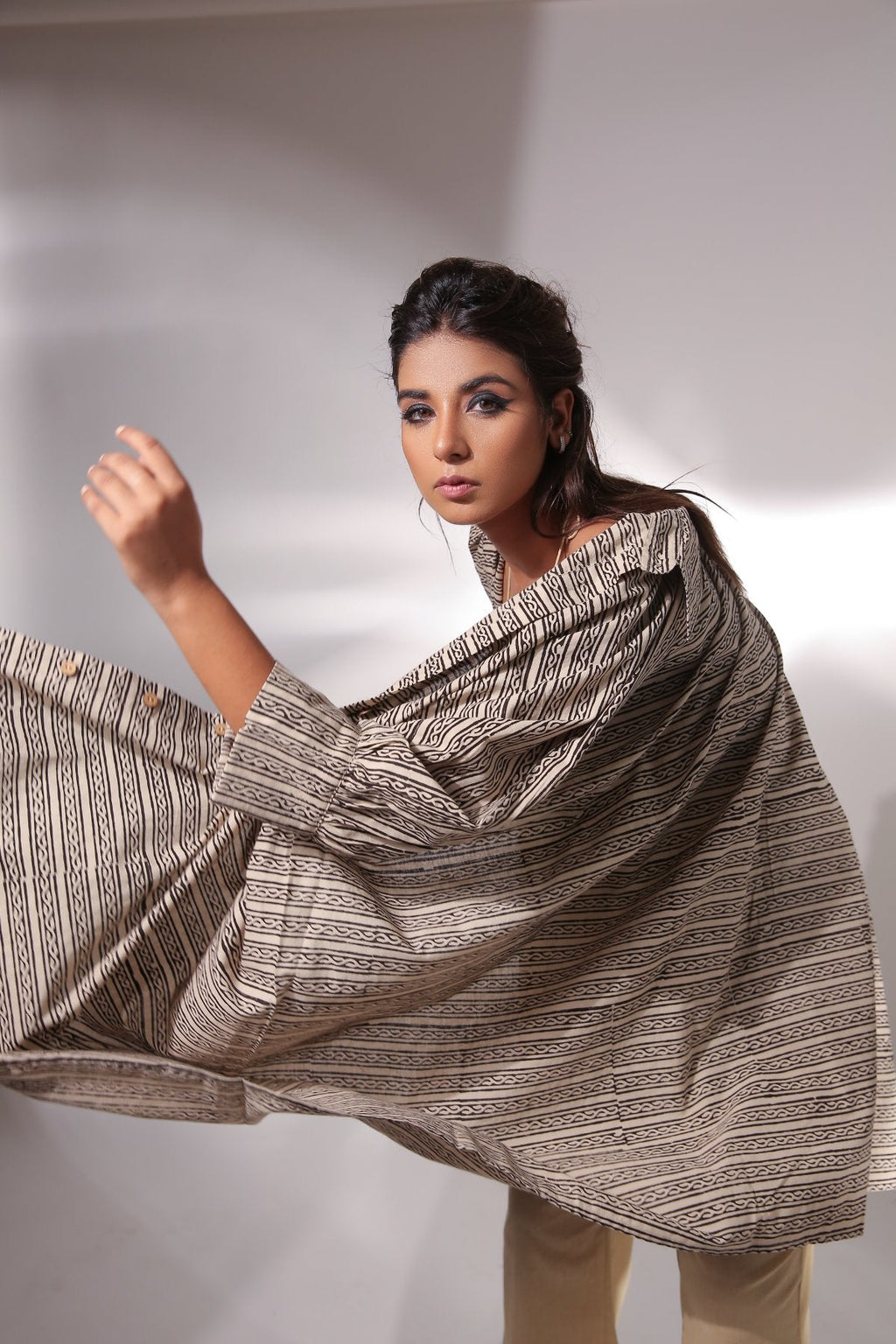 Beige Co-ord Set at Kamakhyaa by Keva. This item is Beige, Black, Block Prints, Co-ord Sets, Cotton, Natural, Relaxed Fit, Resort Wear, Travel, Travel Co-ords, Vacation, Womenswear, Zima