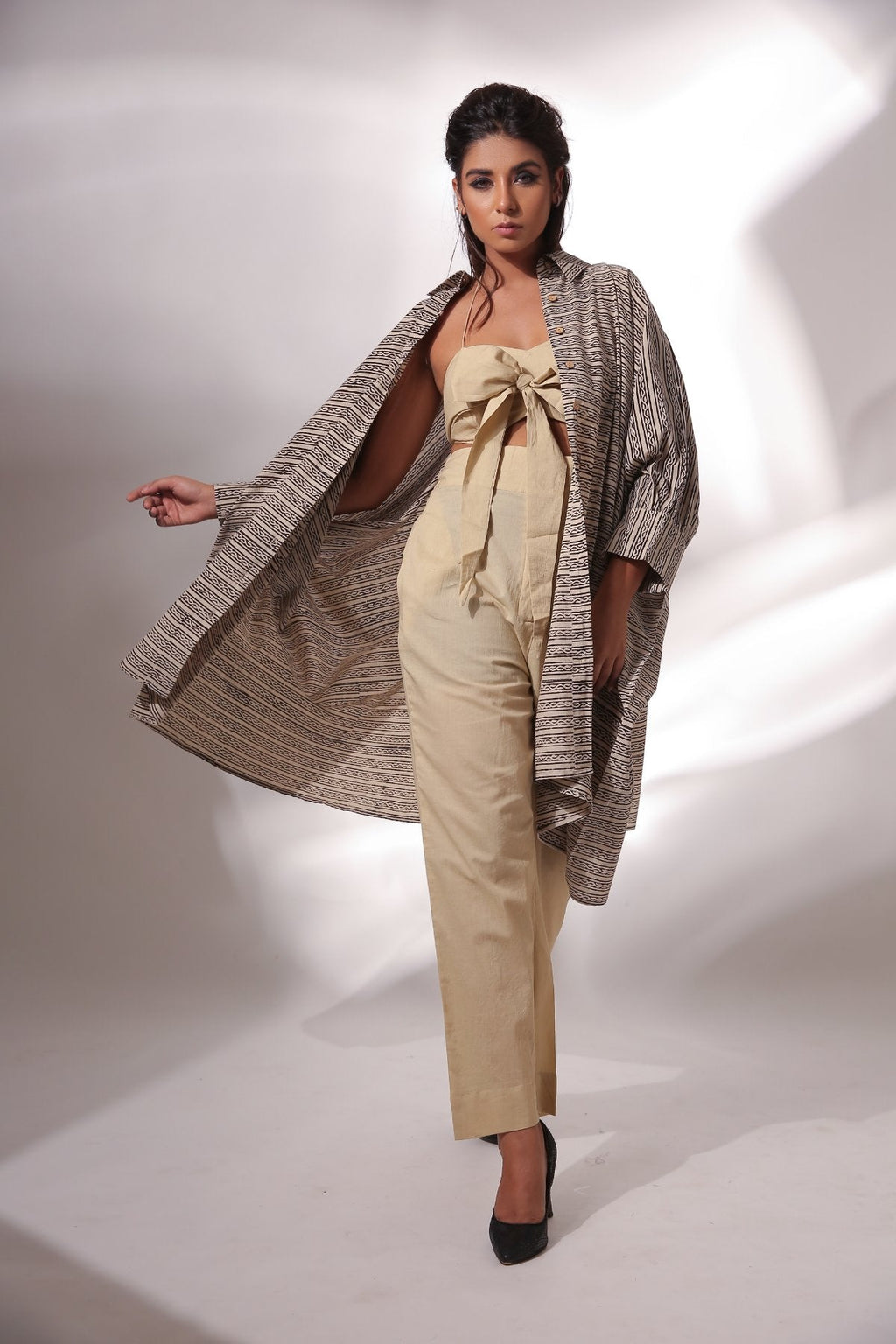 Beige Co-ord Set at Kamakhyaa by Keva. This item is Beige, Black, Block Prints, Co-ord Sets, Cotton, Natural, Relaxed Fit, Resort Wear, Travel, Travel Co-ords, Vacation, Womenswear, Zima