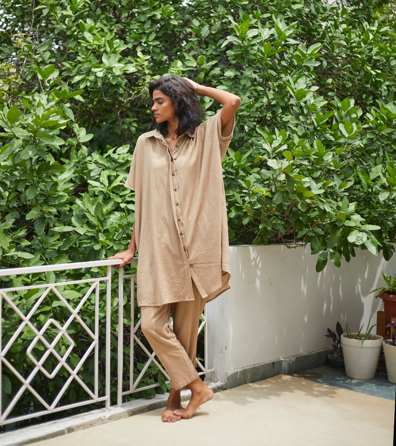 Beige Cotton Co-ord Set at Kamakhyaa by Khara Kapas. This item is Beige, Co-ord Sets, Cotton, Lounge Wear, Lounge Wear Co-ords, Natural, Relaxed Fit, Solids, Womenswear