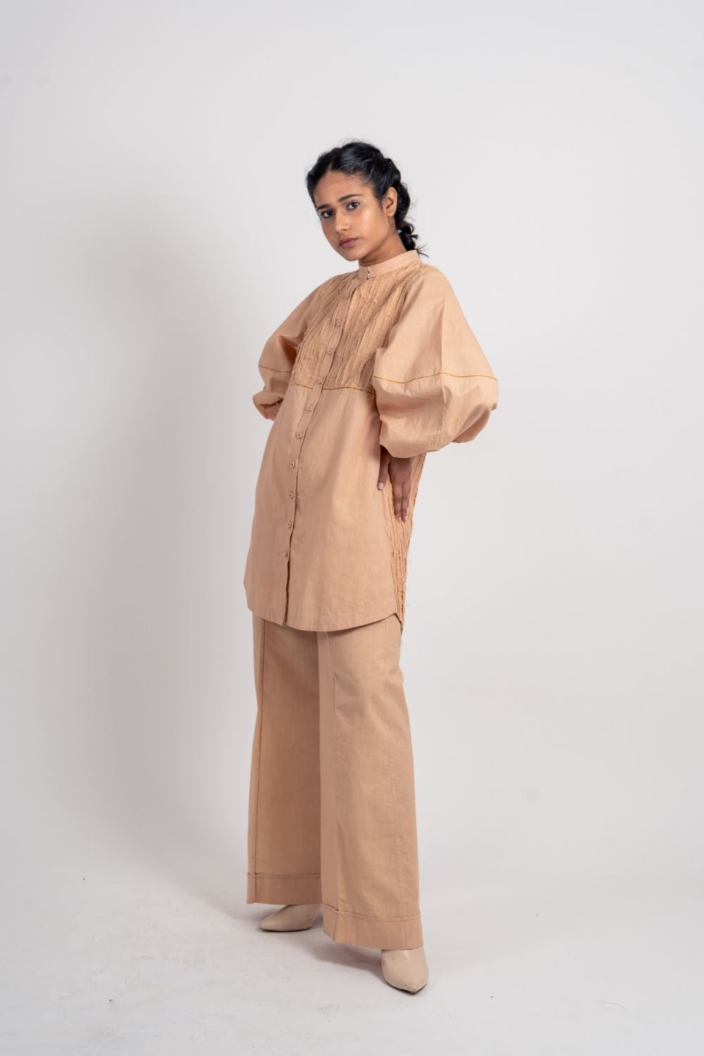 Beige Cotton Midi Dress at Kamakhyaa by Ahmev. This item is Brown, Casual Wear, Fall, Handloom Cotton, July Sale, July Sale 2023, Mini Dresses, Natural, Relaxed Fit, Shirt Dresses, Shirts, Solids, Womenswear