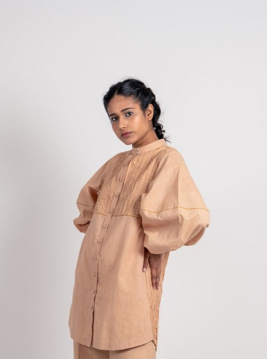 Beige Cotton Midi Dress at Kamakhyaa by Ahmev. This item is Brown, Casual Wear, Fall, Handloom Cotton, July Sale, July Sale 2023, Mini Dresses, Natural, Relaxed Fit, Shirt Dresses, Shirts, Solids, Womenswear