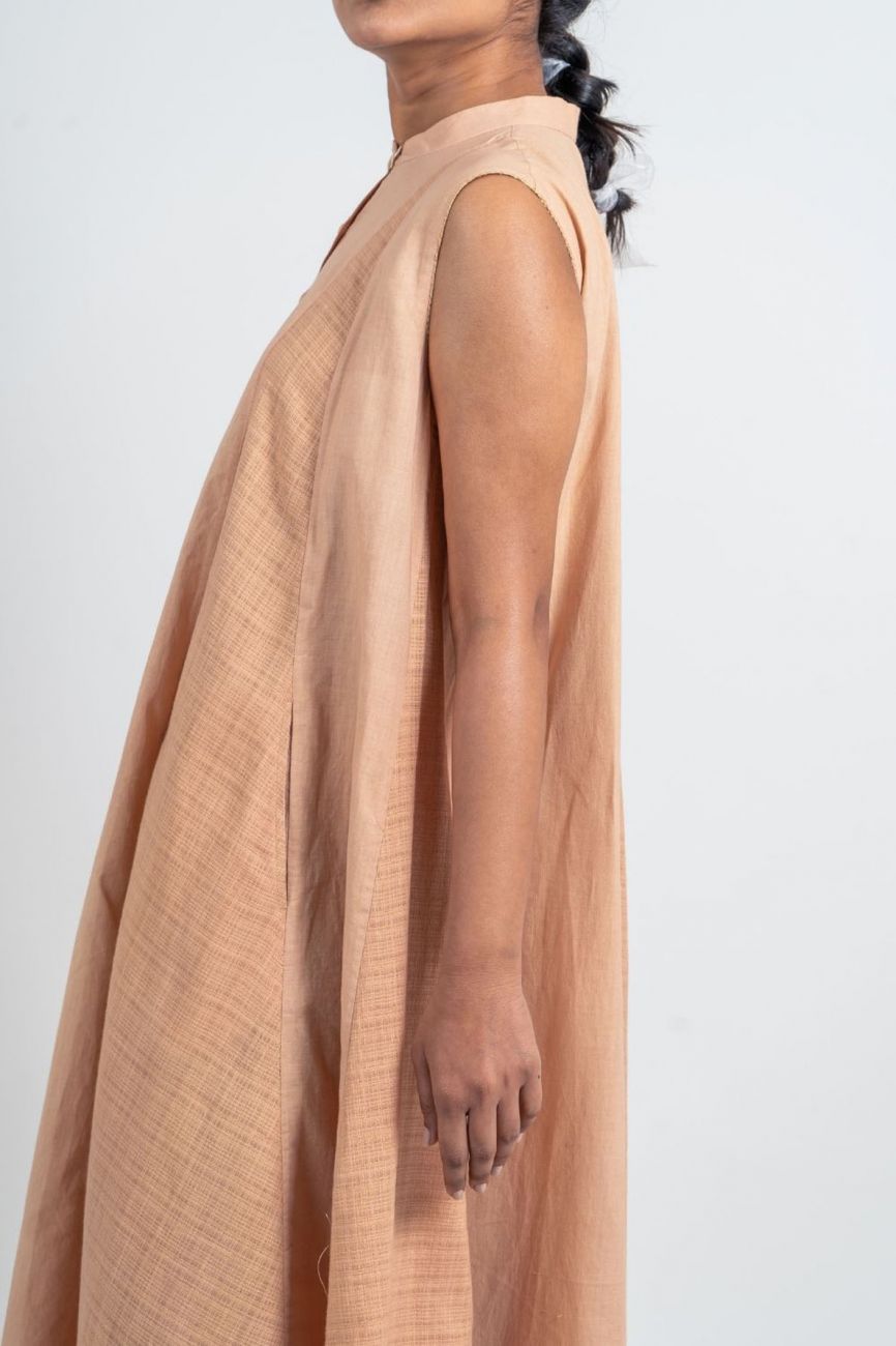 Beige Cotton Textured Dress at Kamakhyaa by Ahmev. This item is Brown, Casual Wear, Fall, Handloom Cotton, July Sale, July Sale 2023, Midi Dresses, Natural, Relaxed Fit, Short Dresses, Sleeveless Dresses, Textured, Womenswear