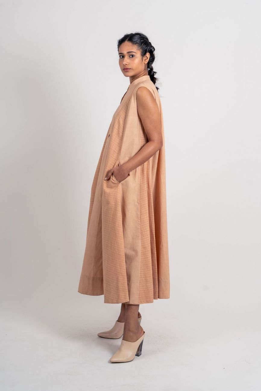 Beige Cotton Textured Dress at Kamakhyaa by Ahmev. This item is Brown, Casual Wear, Fall, Handloom Cotton, July Sale, July Sale 2023, Midi Dresses, Natural, Relaxed Fit, Short Dresses, Sleeveless Dresses, Textured, Womenswear