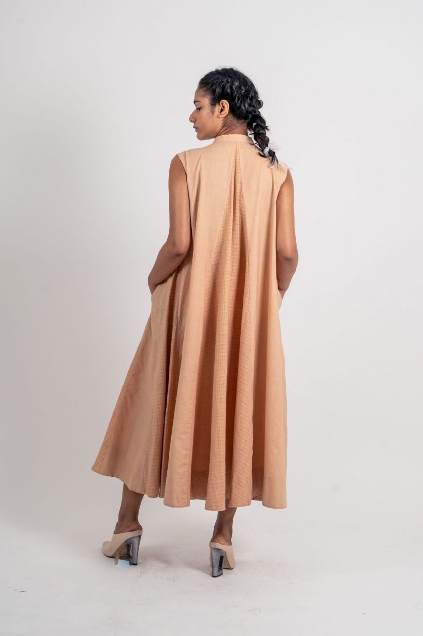 Beige Cotton Textured Dress at Kamakhyaa by Ahmev. This item is Brown, Casual Wear, Fall, Handloom Cotton, July Sale, July Sale 2023, Midi Dresses, Natural, Relaxed Fit, Short Dresses, Sleeveless Dresses, Textured, Womenswear