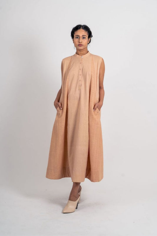 Beige Cotton Textured Dress at Kamakhyaa by Ahmev. This item is Brown, Casual Wear, Fall, Handloom Cotton, July Sale, July Sale 2023, Midi Dresses, Natural, Relaxed Fit, Short Dresses, Sleeveless Dresses, Textured, Womenswear