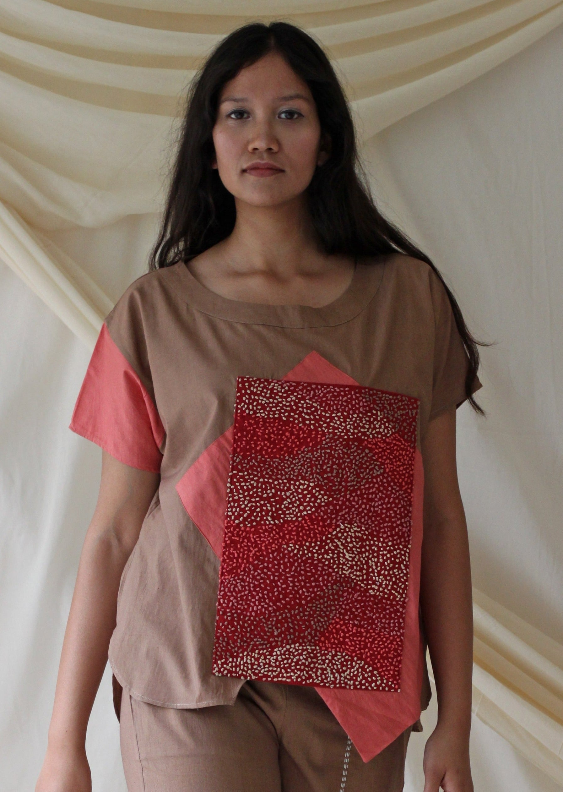 Beige Embroidered T-shirt at Kamakhyaa by Chambray & Co.. This item is Beige, Casual Wear, Cotton, Embroidered, Natural, Regular Fit, Solids, T-Shirts, Tops, Womenswear