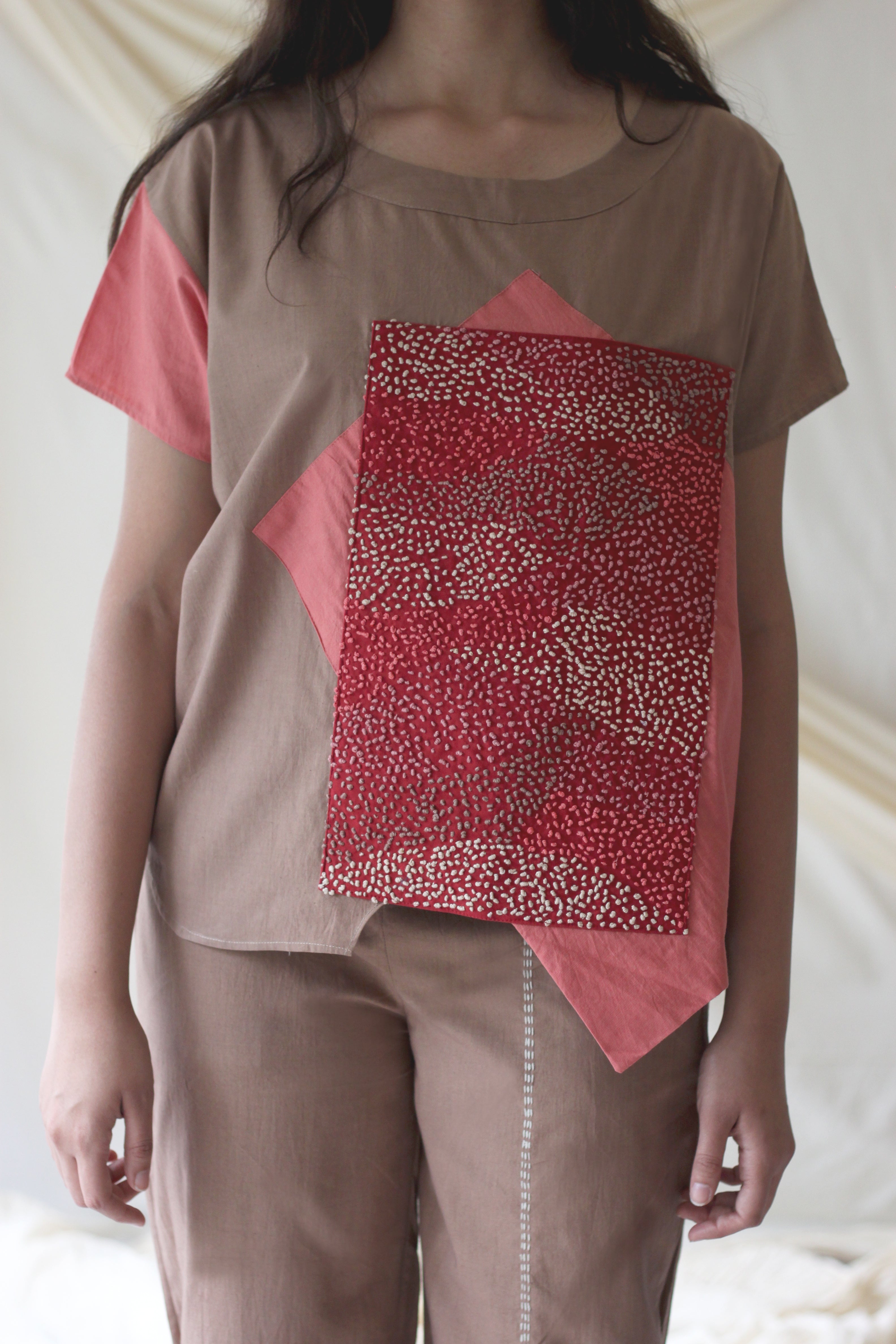 Beige Embroidered T-shirt at Kamakhyaa by Chambray & Co.. This item is Beige, Casual Wear, Cotton, Embroidered, Natural, Regular Fit, Solids, T-Shirts, Tops, Womenswear