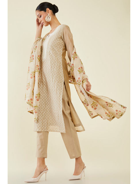 Beige Grey Sequin Kurta Set With Dupatta at Kamakhyaa by Kamakhyaa. This item is Beige, Cotton, Cotton Khadi, Ethnic Wear, Festive Wear, Grey, Kurta Pant Sets, Kurta Set with Dupattas, Natural, Regular Fit, Womenswear