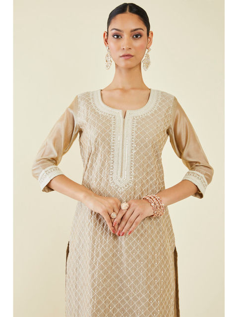 Beige Grey Sequin Kurta Set With Dupatta at Kamakhyaa by Kamakhyaa. This item is Beige, Cotton, Cotton Khadi, Ethnic Wear, Festive Wear, Grey, Kurta Pant Sets, Kurta Set with Dupattas, Natural, Regular Fit, Womenswear