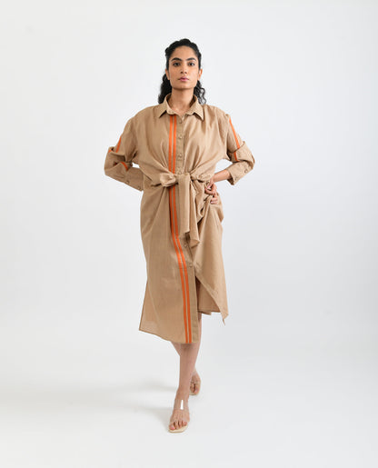 Beige Handloom Cotton Midi Dress at Kamakhyaa by Rias Jaipur. This item is Beige, Casual Wear, Handloom Cotton, Handspun, Handwoven, Hue, Midi Dresses, Relaxed Fit, Shirt Dresses, Solids, Stripes, Womenswear