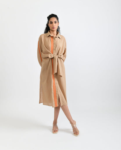 Beige Handloom Cotton Midi Dress at Kamakhyaa by Rias Jaipur. This item is Beige, Casual Wear, Handloom Cotton, Handspun, Handwoven, Hue, Midi Dresses, Relaxed Fit, Shirt Dresses, Solids, Stripes, Womenswear