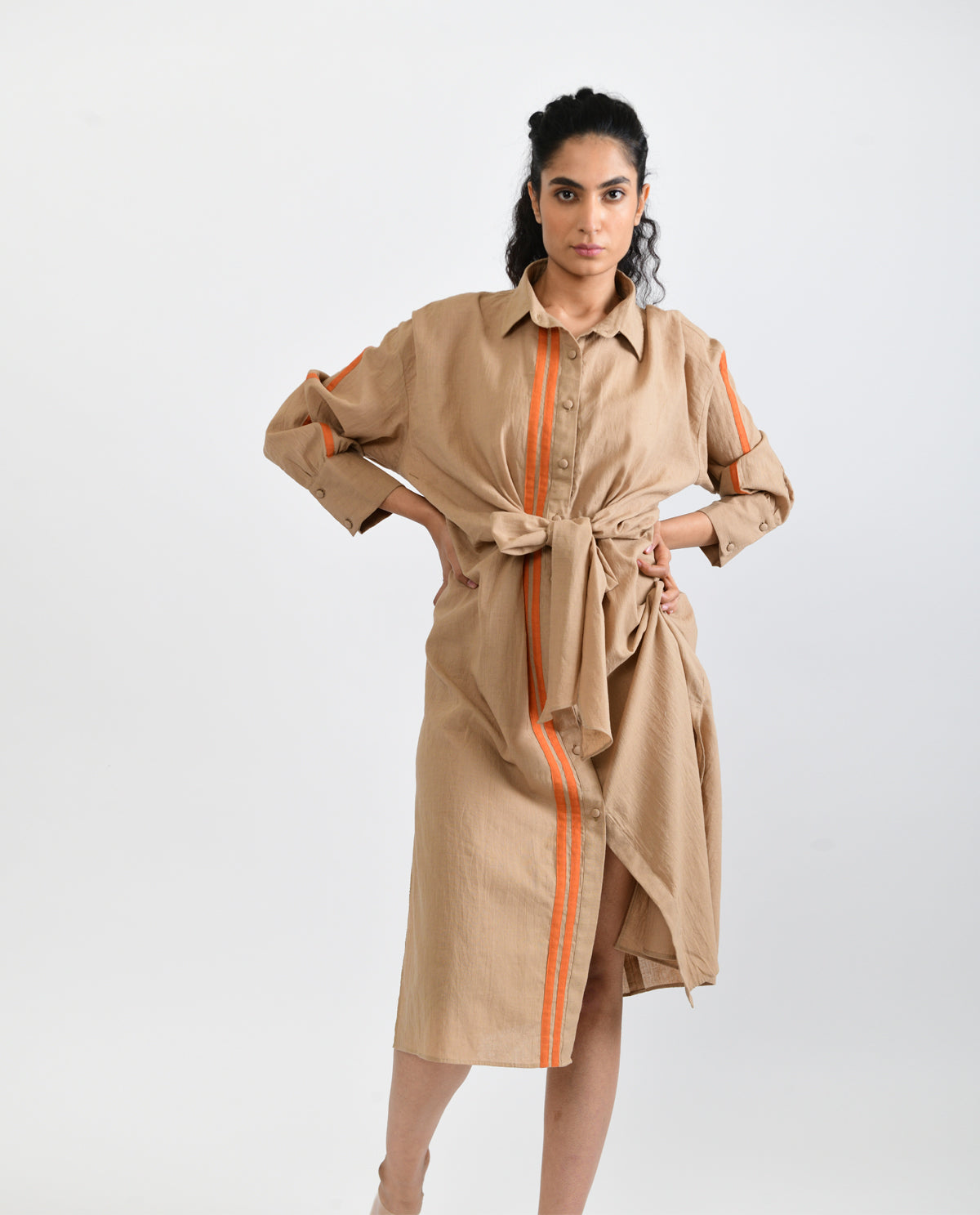 Beige Handloom Cotton Midi Dress at Kamakhyaa by Rias Jaipur. This item is Beige, Casual Wear, Handloom Cotton, Handspun, Handwoven, Hue, Midi Dresses, Relaxed Fit, Shirt Dresses, Solids, Stripes, Womenswear