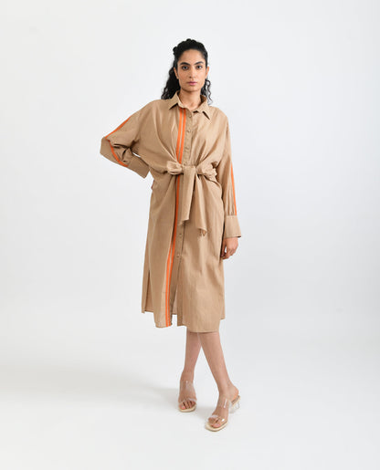 Beige Handloom Cotton Midi Dress at Kamakhyaa by Rias Jaipur. This item is Beige, Casual Wear, Handloom Cotton, Handspun, Handwoven, Hue, Midi Dresses, Relaxed Fit, Shirt Dresses, Solids, Stripes, Womenswear