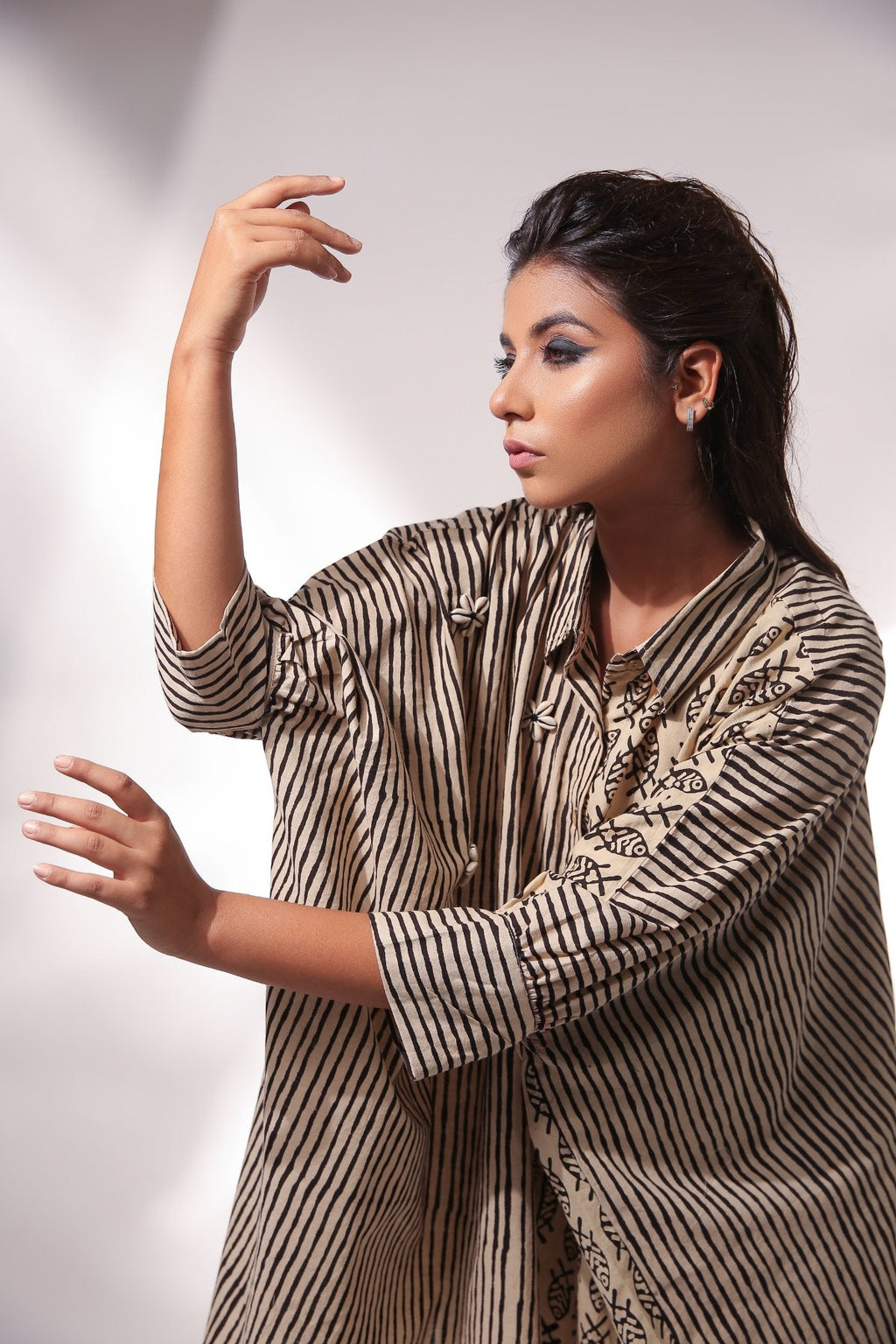 Beige Kaftan Shirt With Wide Leg Pant at Kamakhyaa by Keva. This item is Beige, Black, Block Prints, Co-ord Sets, Cotton, For Mother, For Mother W, Natural, Office Wear Co-ords, Relaxed Fit, Resort Wear, Travel, Travel Co-ords, Womenswear, Zima