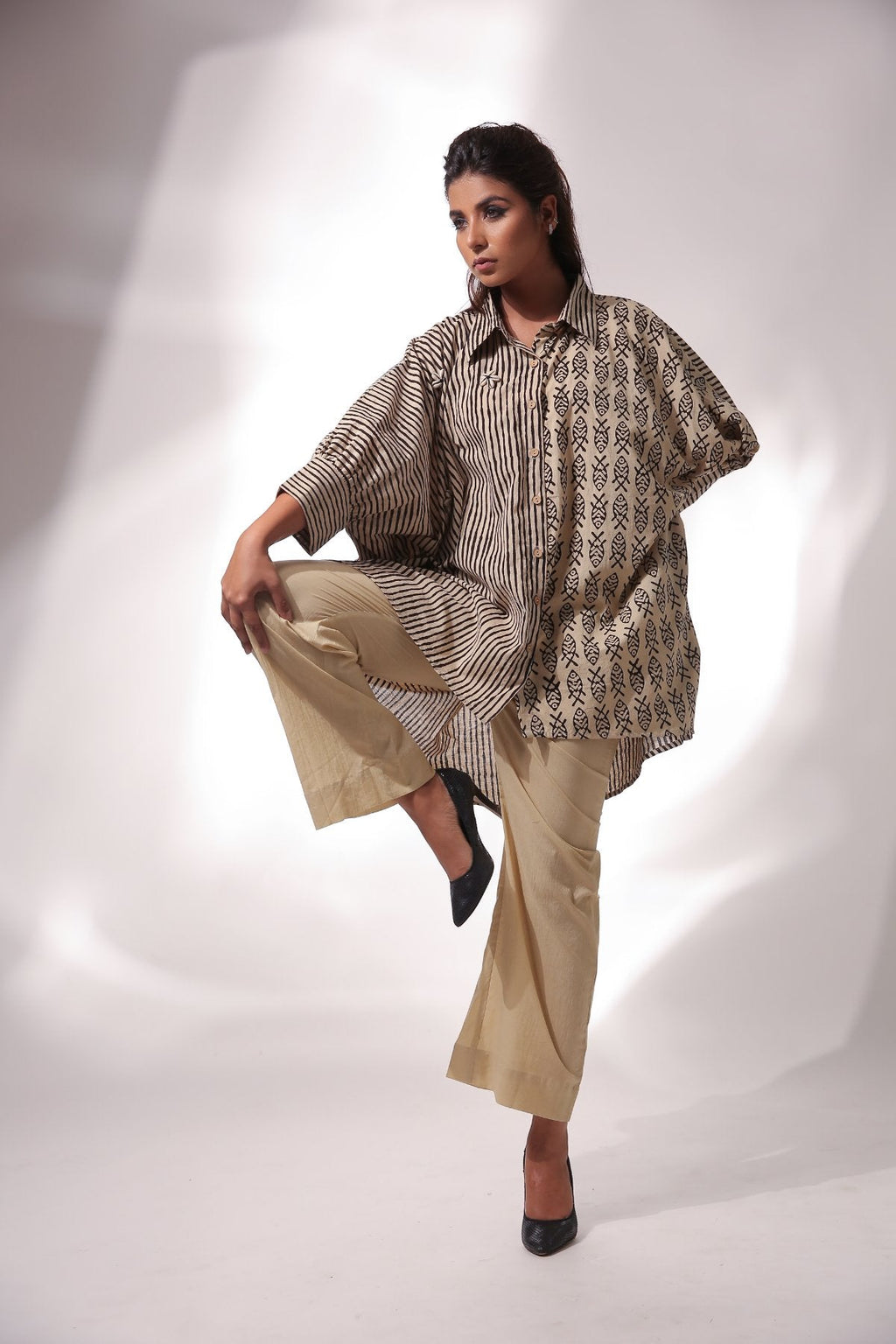 Beige Kaftan Shirt With Wide Leg Pant at Kamakhyaa by Keva. This item is Beige, Black, Block Prints, Co-ord Sets, Cotton, For Mother, For Mother W, Natural, Office Wear Co-ords, Relaxed Fit, Resort Wear, Travel, Travel Co-ords, Womenswear, Zima