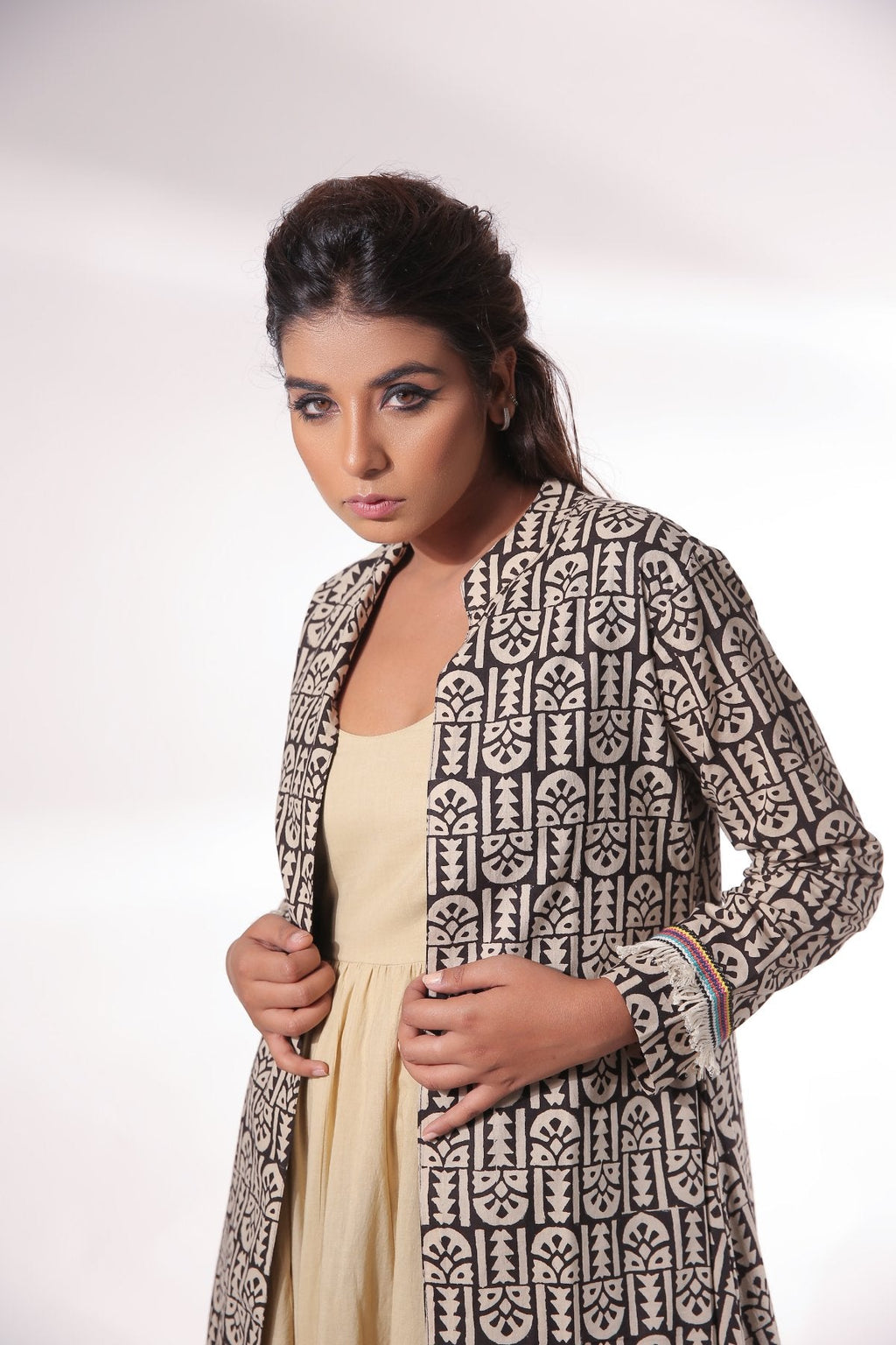 Beige Maxi Dress With Cape at Kamakhyaa by Keva. This item is Beige, Black, Block Prints, Cape, Co-ord Sets, Cotton, Dress Sets, For Daughter, For Mother, For Mother W, Maxi Dresses, Natural, Relaxed Fit, Resort Wear, Womenswear, Zima