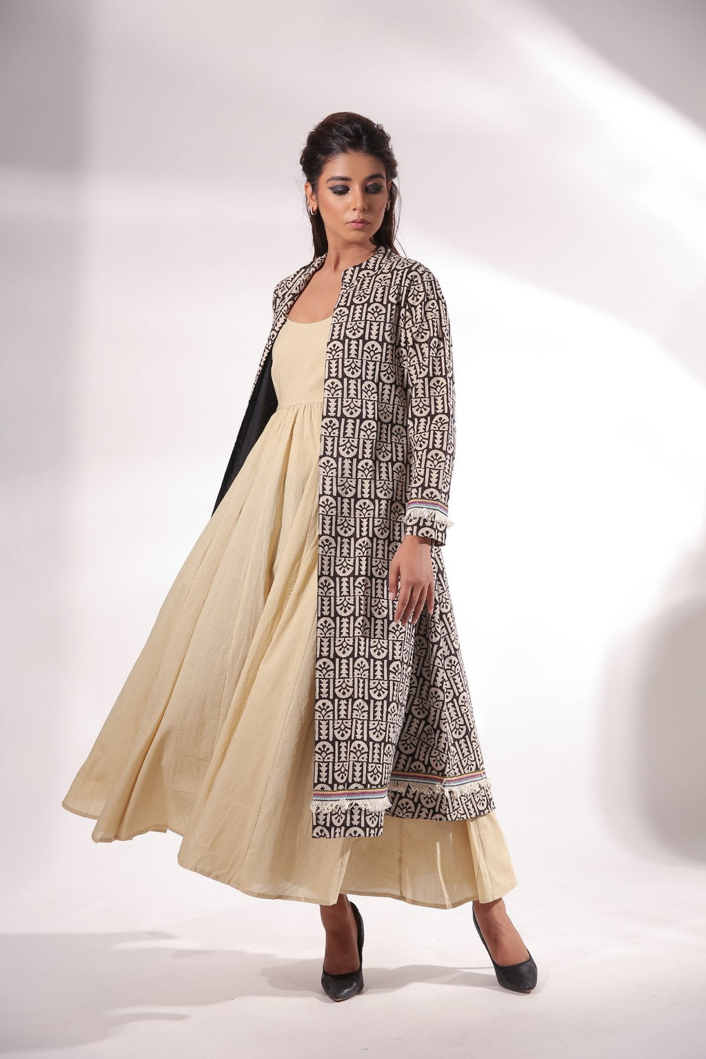Beige Maxi Dress With Cape at Kamakhyaa by Keva. This item is Beige, Black, Block Prints, Cape, Co-ord Sets, Cotton, Dress Sets, For Daughter, For Mother, For Mother W, Maxi Dresses, Natural, Relaxed Fit, Resort Wear, Womenswear, Zima