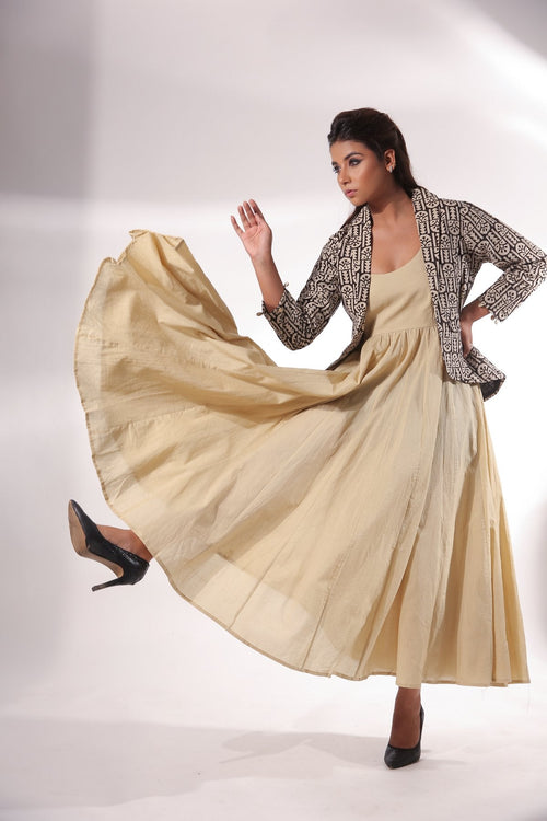 Beige Maxi Dress With Jacket at Kamakhyaa by Keva. This item is Beige, Black, Block Prints, Co-ord Sets, Cotton, Dress Sets, For Daughter, For Mother, For Mother W, Jackets, Maxi Dresses, Natural, Relaxed Fit, Resort Wear, Womenswear, Zima