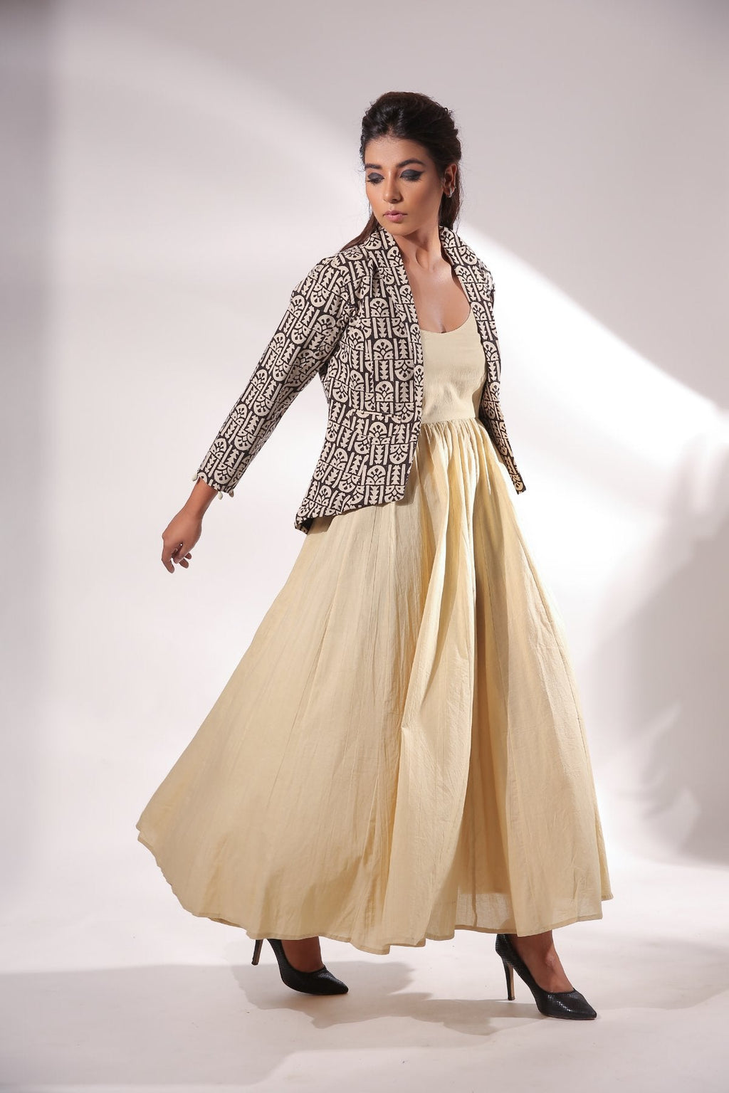 Beige Maxi Dress With Jacket at Kamakhyaa by Keva. This item is Beige, Black, Block Prints, Co-ord Sets, Cotton, Dress Sets, For Daughter, For Mother, For Mother W, Jackets, Maxi Dresses, Natural, Relaxed Fit, Resort Wear, Womenswear, Zima