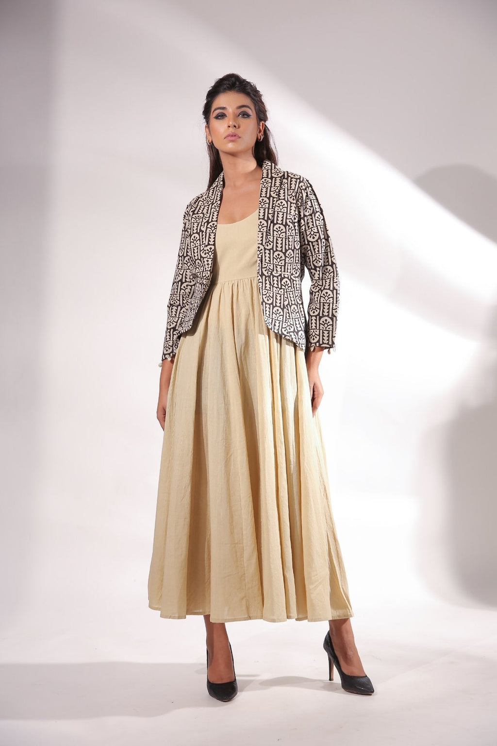 Beige Maxi Dress With Jacket at Kamakhyaa by Keva. This item is Beige, Black, Block Prints, Co-ord Sets, Cotton, Dress Sets, For Daughter, For Mother, For Mother W, Jackets, Maxi Dresses, Natural, Relaxed Fit, Resort Wear, Womenswear, Zima