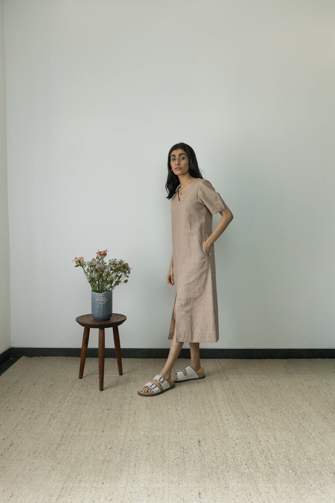 Beige Midi Dress at Kamakhyaa by Anushé Pirani. This item is Beige, Casual Wear, Cotton, Cotton Hemp, Handwoven, Hemp, Midi Dresses, Regular Fit, Shibumi Collection, Solids, Womenswear