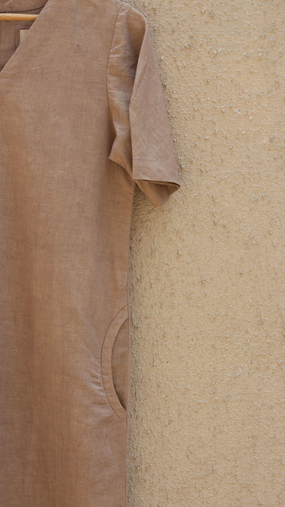 Beige Midi Dress at Kamakhyaa by Anushé Pirani. This item is Beige, Casual Wear, Cotton, Cotton Hemp, Handwoven, Hemp, Midi Dresses, Regular Fit, Shibumi Collection, Solids, Womenswear