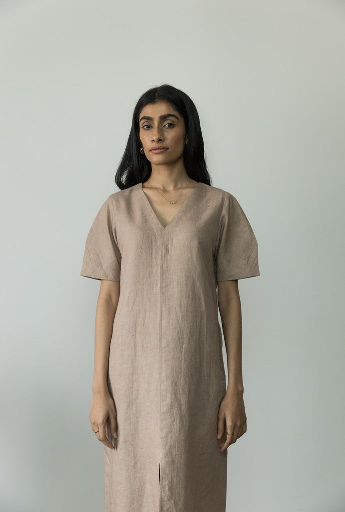Beige Midi Dress at Kamakhyaa by Anushé Pirani. This item is Beige, Casual Wear, Cotton, Cotton Hemp, Handwoven, Hemp, Midi Dresses, Regular Fit, Shibumi Collection, Solids, Womenswear