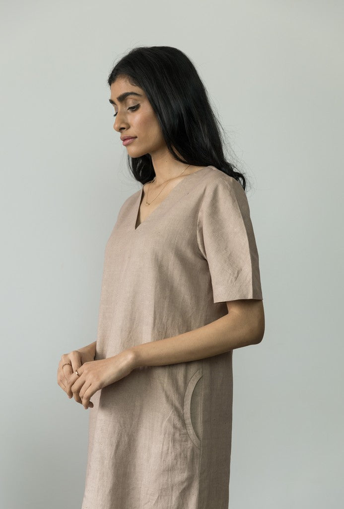 Beige Midi Dress at Kamakhyaa by Anushé Pirani. This item is Beige, Casual Wear, Cotton, Cotton Hemp, Handwoven, Hemp, Midi Dresses, Regular Fit, Shibumi Collection, Solids, Womenswear