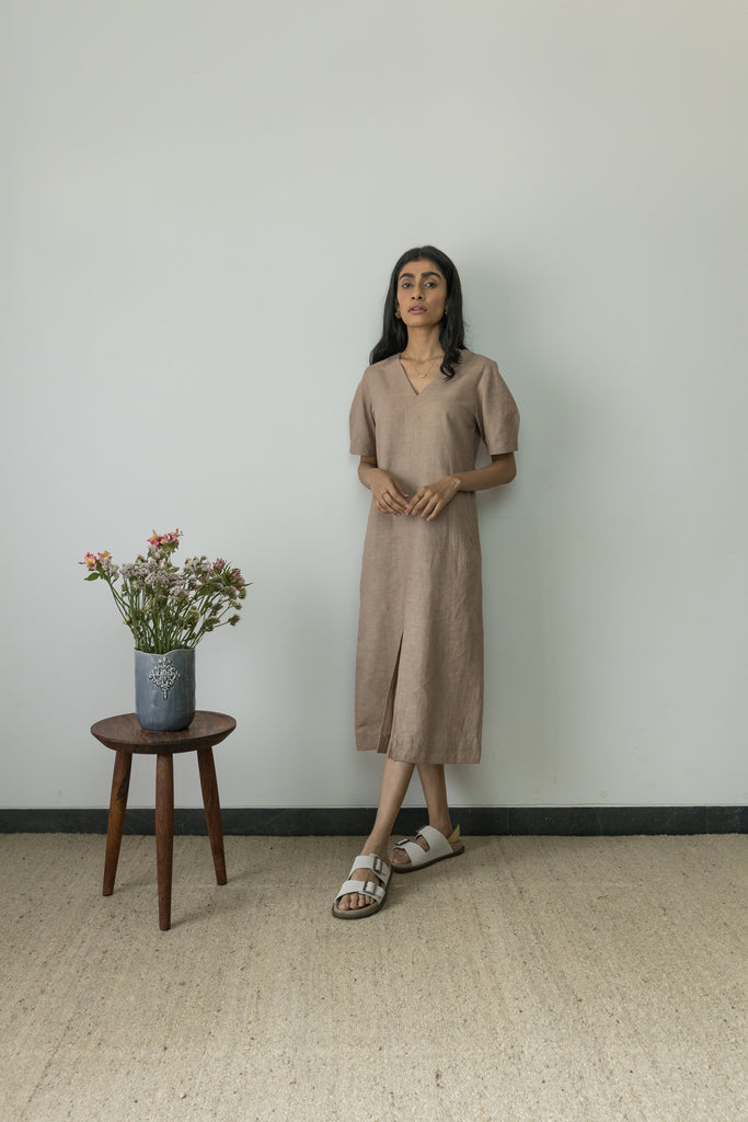 Beige Midi Dress at Kamakhyaa by Anushé Pirani. This item is Beige, Casual Wear, Cotton, Cotton Hemp, Handwoven, Hemp, Midi Dresses, Regular Fit, Shibumi Collection, Solids, Womenswear