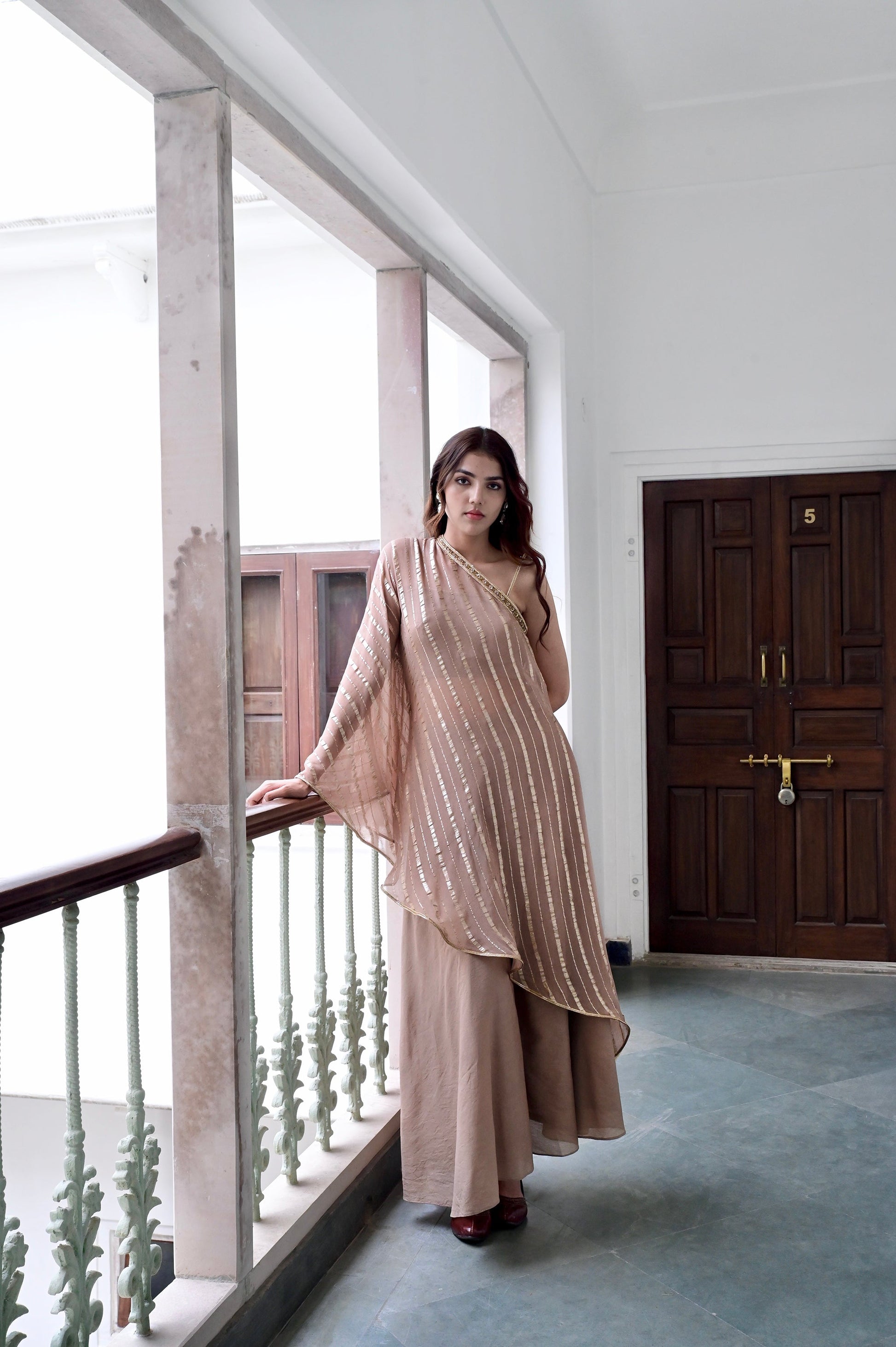 Beige One Shoulder Co-ord Set at Kamakhyaa by Taro. This item is Beige, Chaandi, Co-ord Sets, Cotton, Cotton Lurex, Natural, One Shoulder, Partywear Co-ords, Regular Fit, Solids, Womenswear