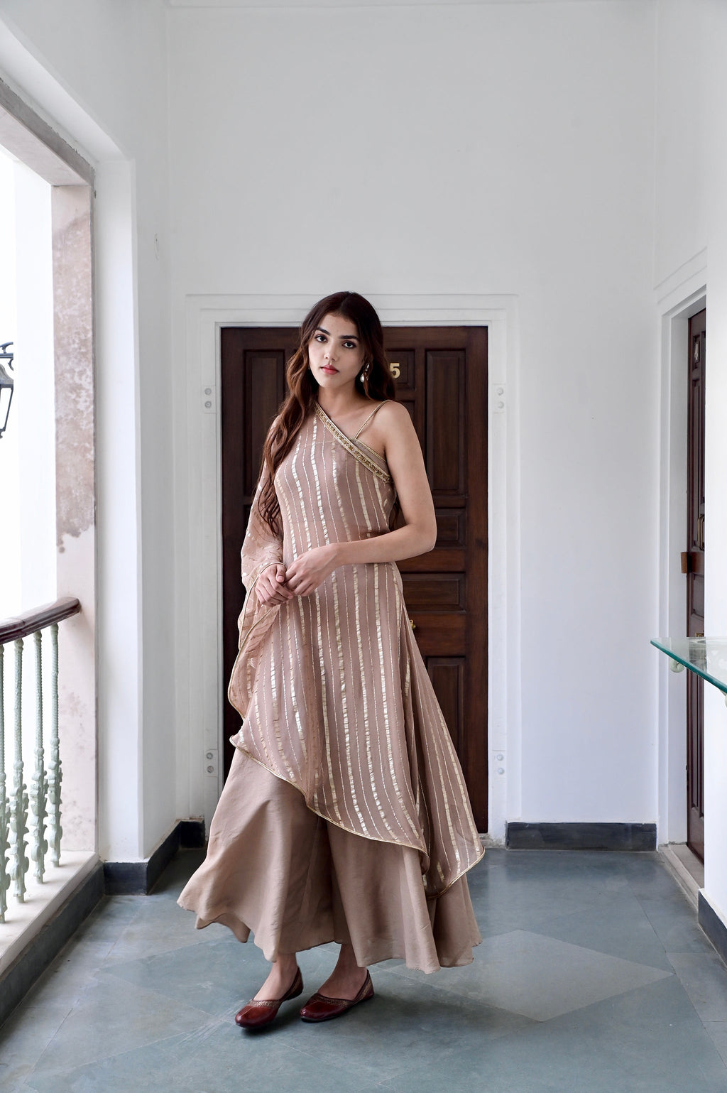 Beige One Shoulder Co-ord Set at Kamakhyaa by Taro. This item is Beige, Chaandi, Co-ord Sets, Cotton, Cotton Lurex, Natural, One Shoulder, Partywear Co-ords, Regular Fit, Solids, Womenswear