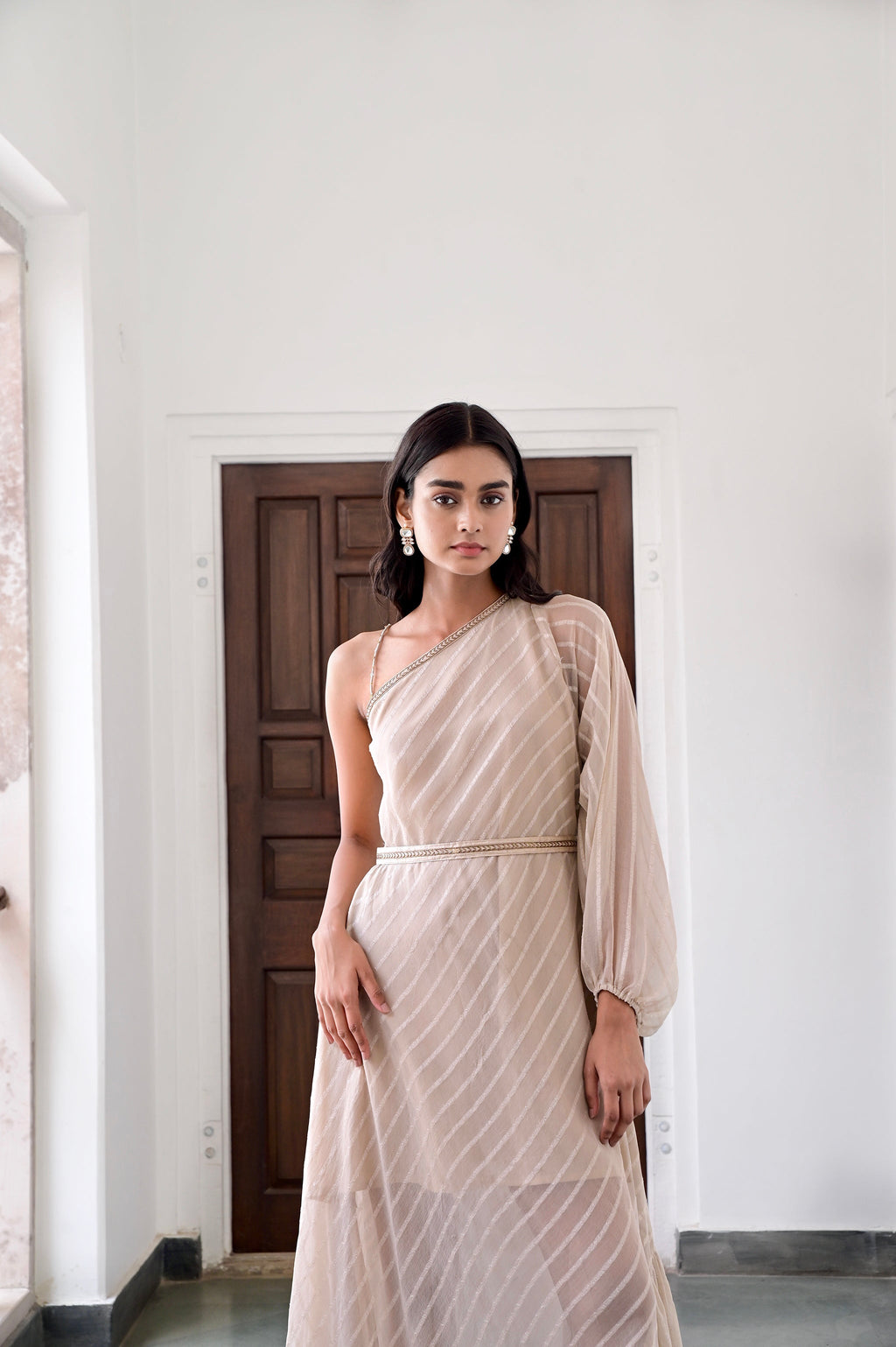 Beige One Shoulder Dress at Kamakhyaa by Taro. This item is Beige, Chaandi, Cotton, Cotton Lurex, Natural, One Shoulder Dresses, Regular Fit, Solids, Womenswear