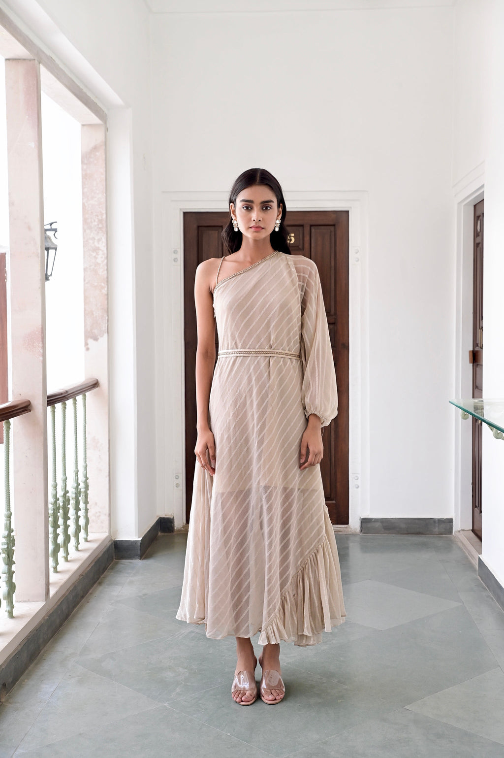 Beige One Shoulder Dress at Kamakhyaa by Taro. This item is Beige, Chaandi, Cotton, Cotton Lurex, Natural, One Shoulder Dresses, Regular Fit, Solids, Womenswear