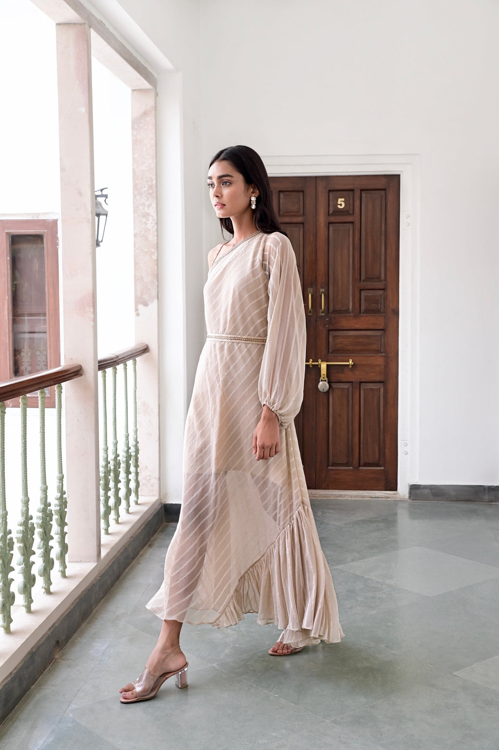 Beige One Shoulder Dress at Kamakhyaa by Taro. This item is Beige, Chaandi, Cotton, Cotton Lurex, Natural, One Shoulder Dresses, Regular Fit, Solids, Womenswear