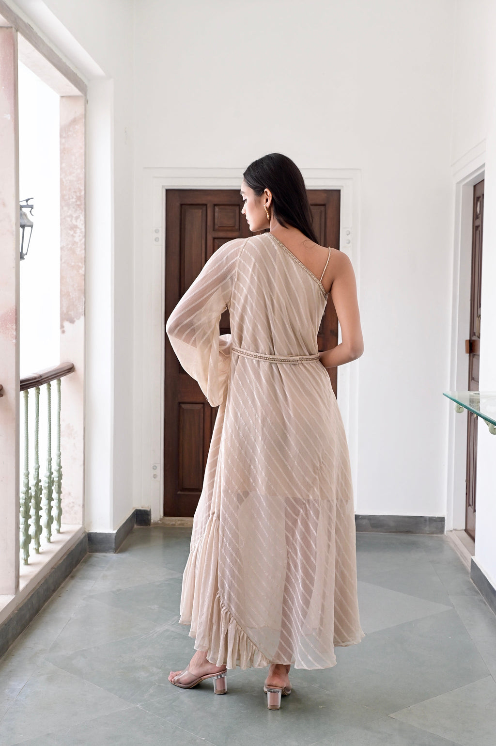 Beige One Shoulder Dress at Kamakhyaa by Taro. This item is Beige, Chaandi, Cotton, Cotton Lurex, Natural, One Shoulder Dresses, Regular Fit, Solids, Womenswear