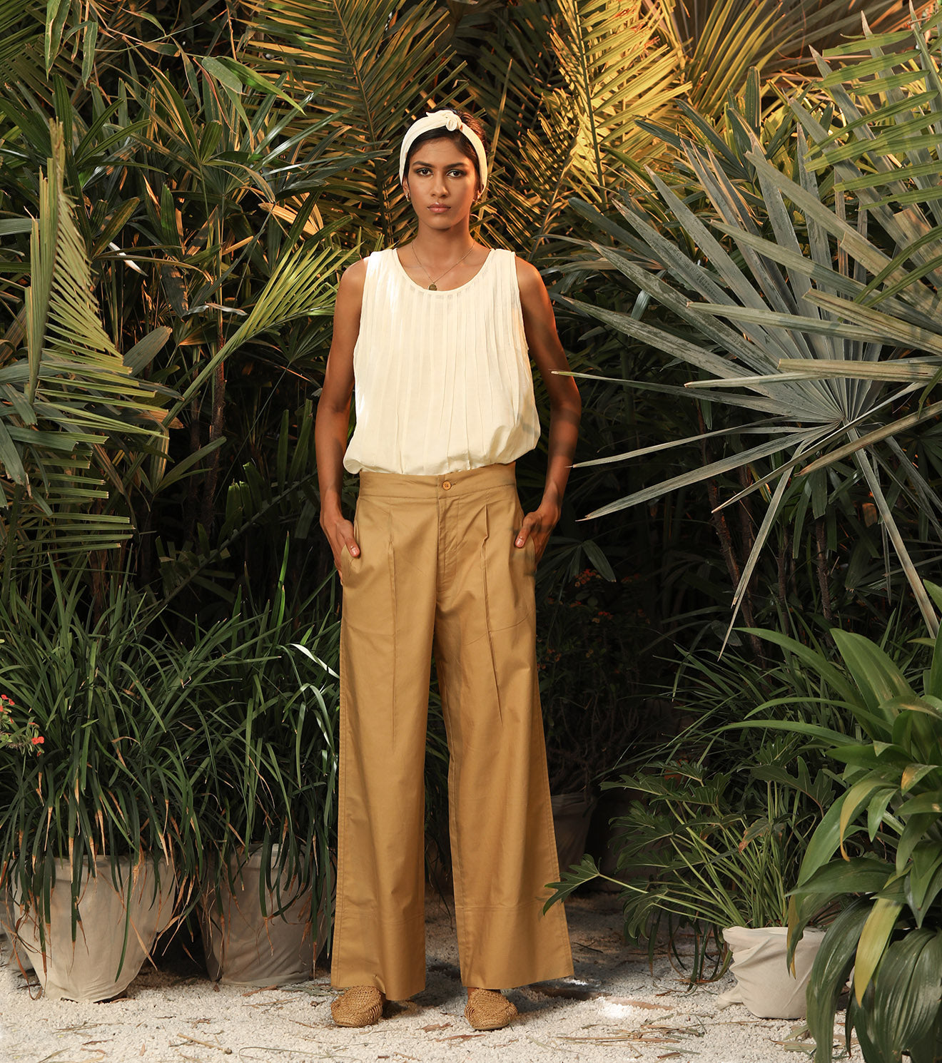 Beige Pants at Kamakhyaa by Khara Kapas. This item is Beige, Casual Wear, Lost In paradise, Natural, Palazzo Pants, Poplin, Regular Fit, Solids, Womenswear