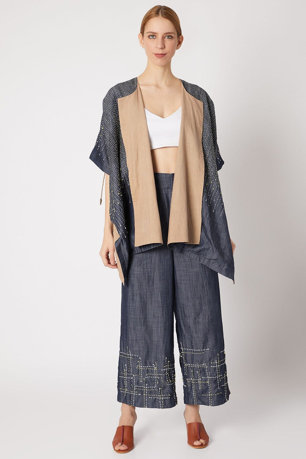 Beige Reversible Jacket at Kamakhyaa by Chambray & Co.. This item is Beige, Best Selling, Blue, Casual Wear, Cotton, Natural, Regular Fit, Reversible, Shrugs, Solids, Tencel, Womenswear