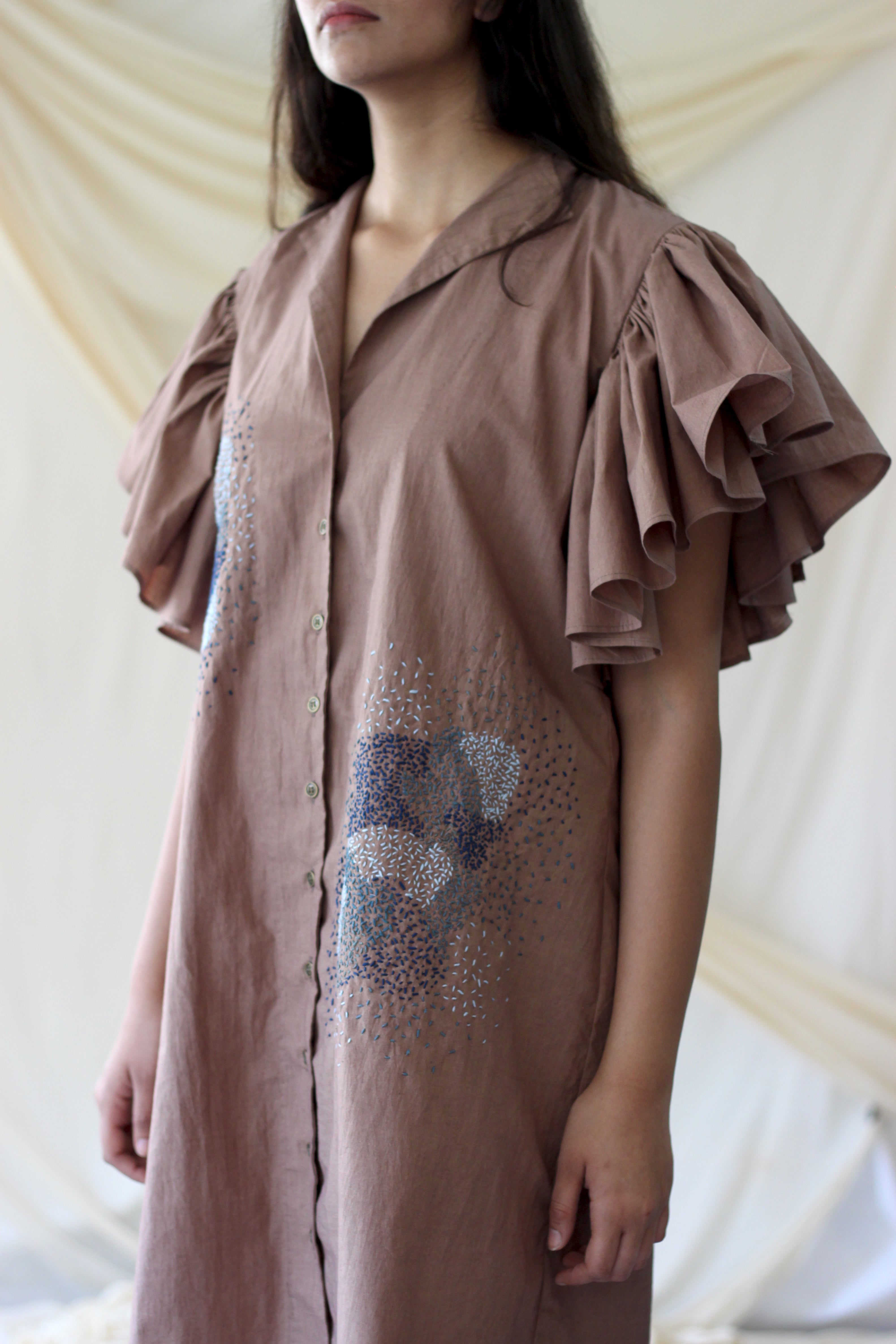 Beige Ruffled Midi Dress at Kamakhyaa by Chambray & Co.. This item is Beige, Casual Wear, Cotton, Mini Dresses, Natural, Regular Fit, Shirt Dresses, Solids, Womenswear