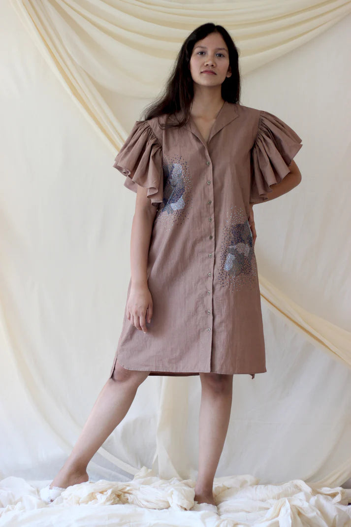 Beige Ruffled Midi Dress at Kamakhyaa by Chambray & Co.. This item is Beige, Casual Wear, Cotton, Mini Dresses, Natural, Regular Fit, Shirt Dresses, Solids, Womenswear