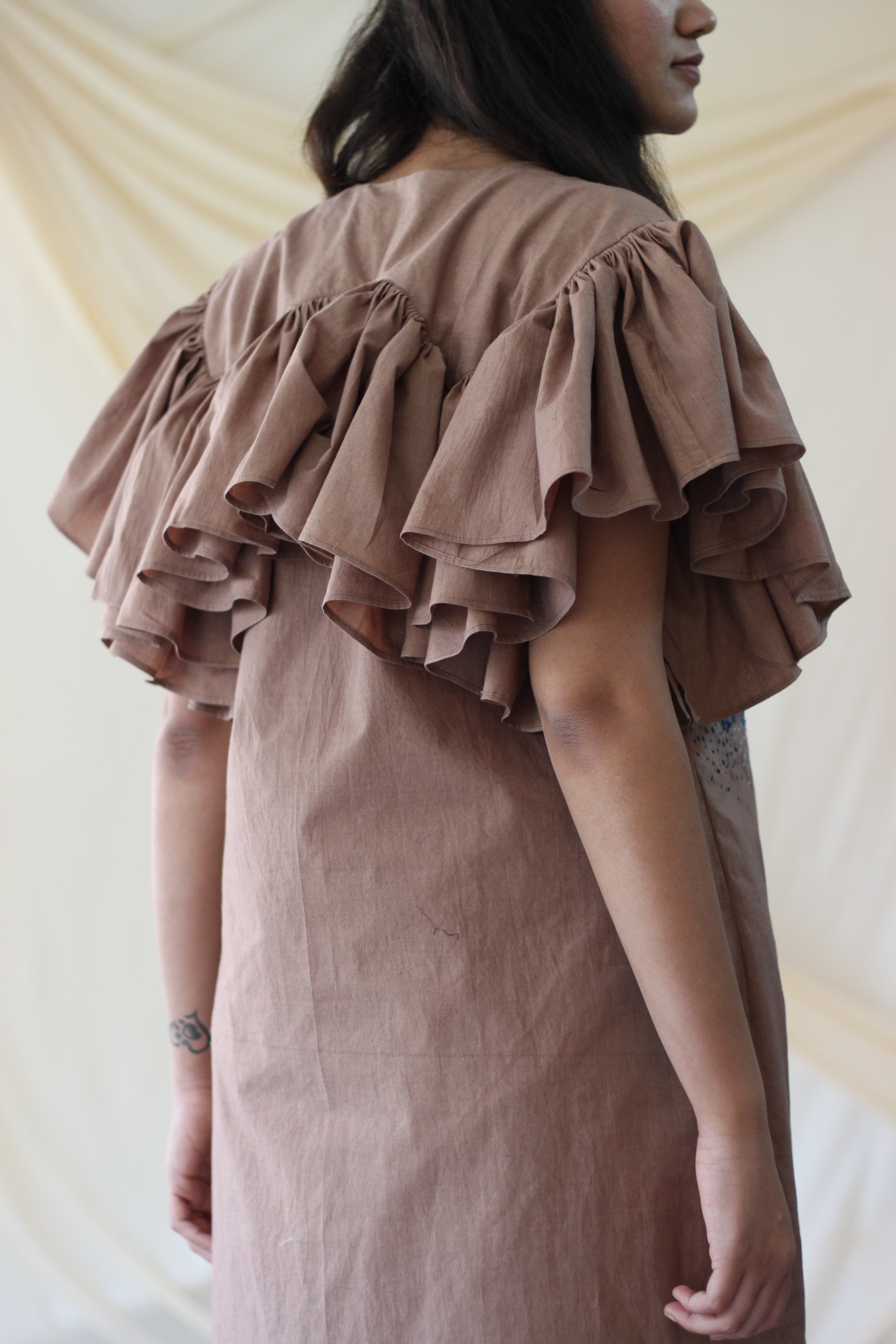 Beige Ruffled Midi Dress at Kamakhyaa by Chambray & Co.. This item is Beige, Casual Wear, Cotton, Mini Dresses, Natural, Regular Fit, Shirt Dresses, Solids, Womenswear