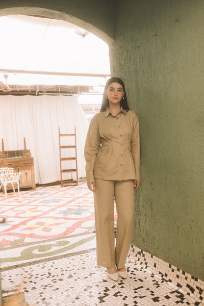 Beige Shirt with Pleats at Kamakhyaa by Anushé Pirani. This item is Beige, Cotton Hemp, Nostalgic Whispers, Slim Fit, solid, Tops & Shirts, Womenswear