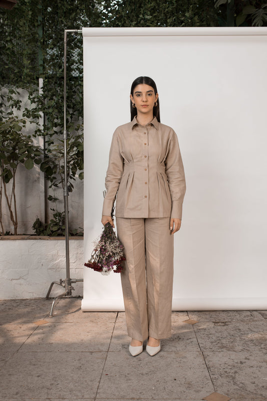 Beige Shirt with Pleats at Kamakhyaa by Anushé Pirani. This item is Beige, Cotton Hemp, Nostalgic Whispers, Slim Fit, solid, Tops & Shirts, Womenswear