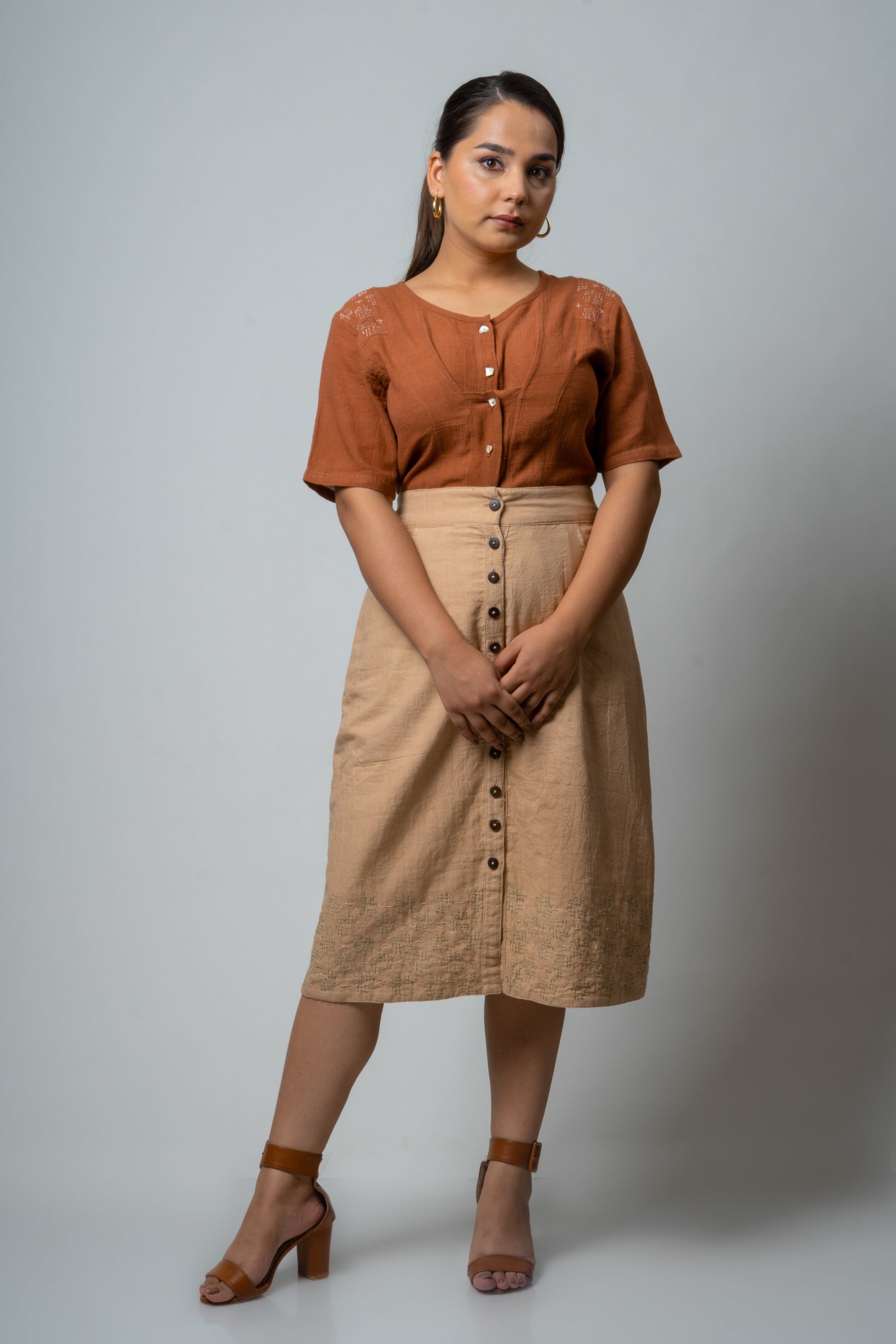 Beige Skirt at Kamakhyaa by Lafaani. This item is Brown, Casual Wear, Cotton, Fall, For Siblings, Mini Skirts, Natural, Regular Fit, Skirts, Solids, Womenswear