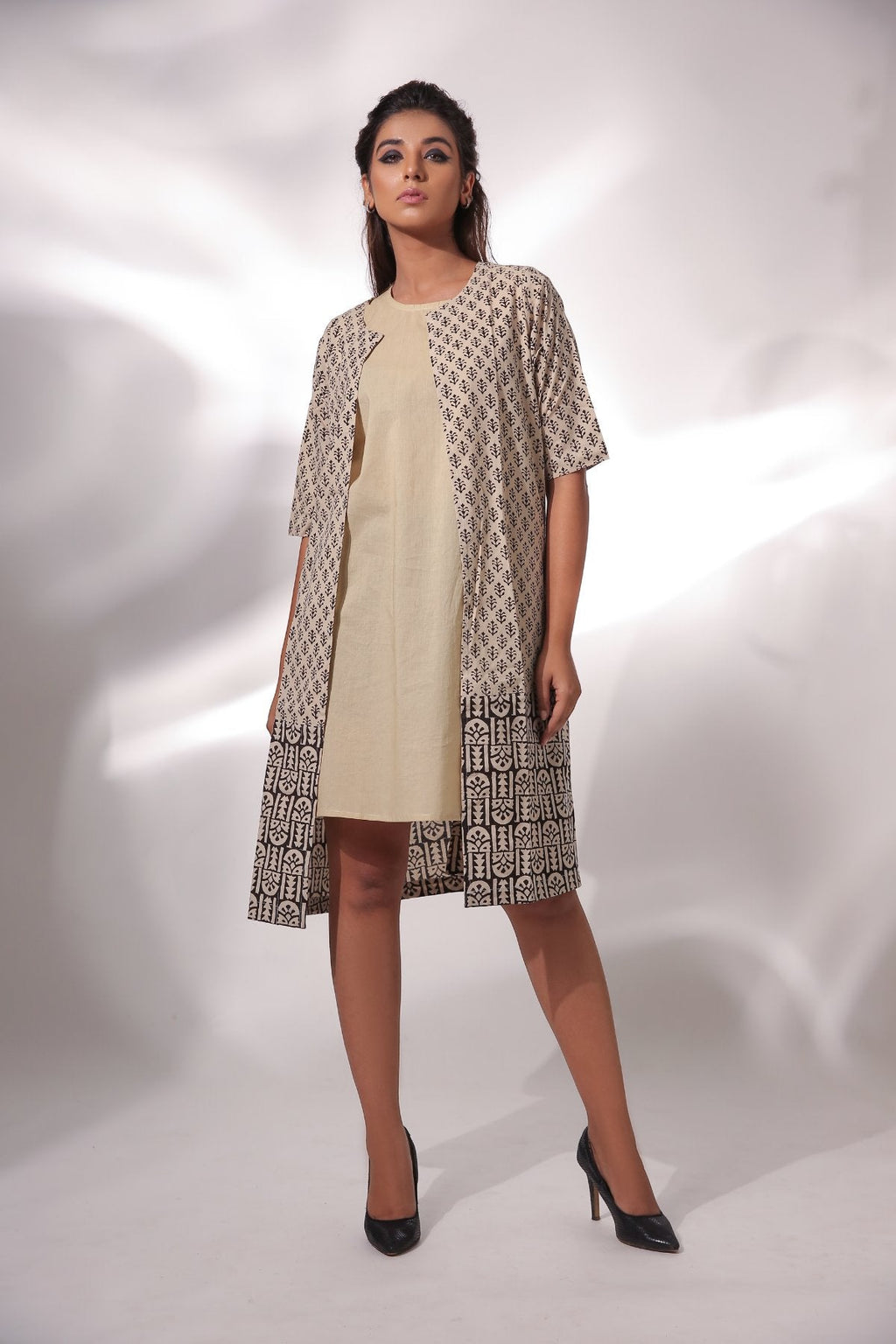 Beige Sleeveless Dress With Cape at Kamakhyaa by Keva. This item is Beige, Black, Block Prints, Cape, Co-ord Sets, Cotton, Dress Sets, For Mother, For Mother W, Natural, Relaxed Fit, Resort Wear, Womenswear, Zima