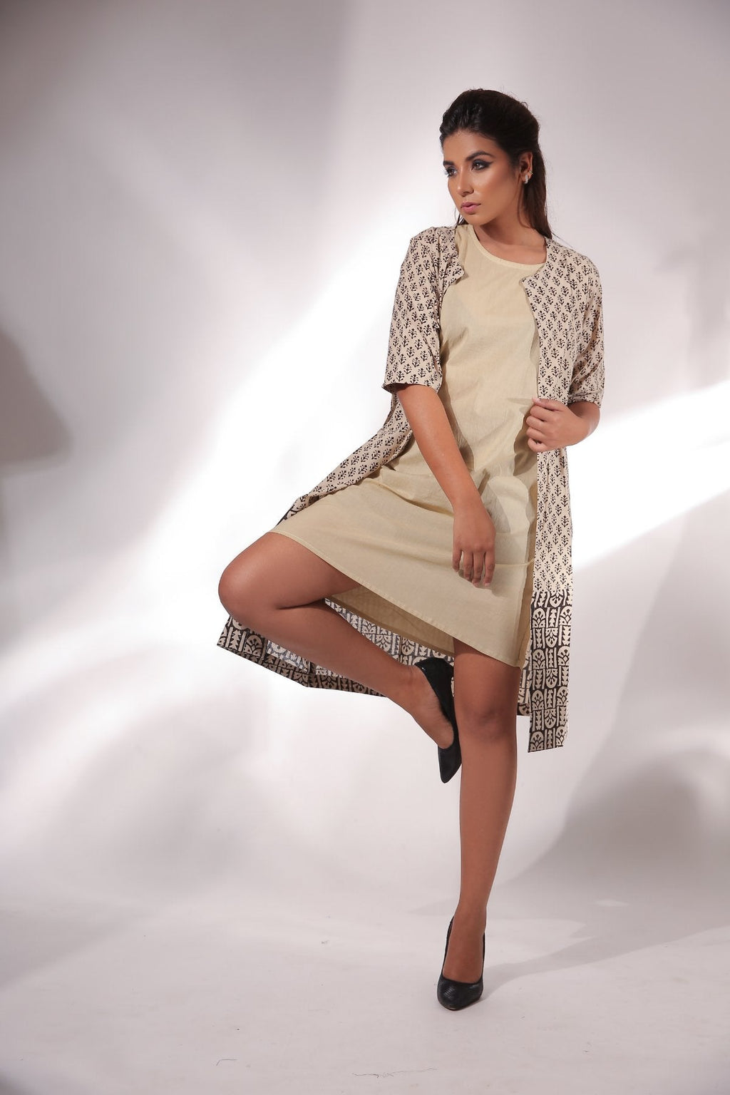 Beige Sleeveless Dress With Cape at Kamakhyaa by Keva. This item is Beige, Black, Block Prints, Cape, Co-ord Sets, Cotton, Dress Sets, For Mother, For Mother W, Natural, Relaxed Fit, Resort Wear, Womenswear, Zima