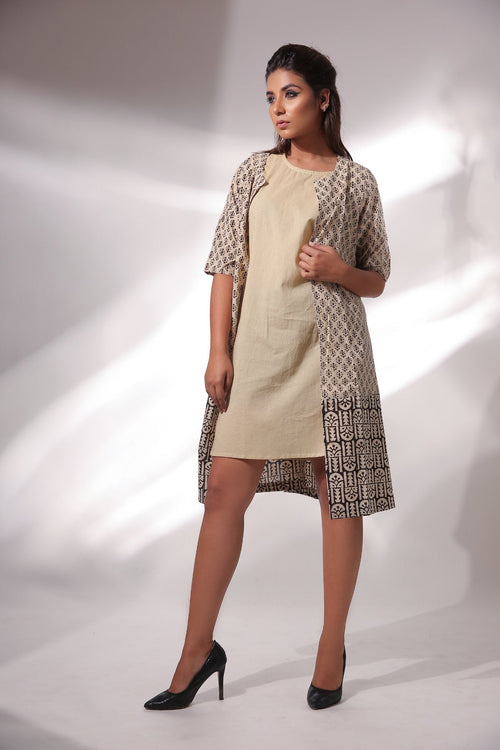 Beige Sleeveless Dress With Cape at Kamakhyaa by Keva. This item is Beige, Black, Block Prints, Cape, Co-ord Sets, Cotton, Dress Sets, For Mother, For Mother W, Natural, Relaxed Fit, Resort Wear, Womenswear, Zima