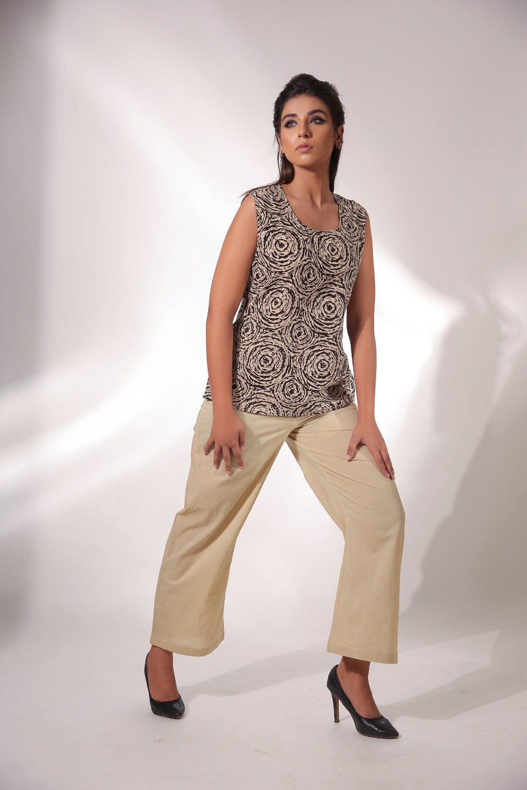 Beige Sleeveless Top With Pant & Cape at Kamakhyaa by Keva. This item is Beige, Black, Block Prints, Co-ord Sets, Cotton, Natural, Office, Office Wear Co-ords, Relaxed Fit, Resort Wear, Womenswear, Zima