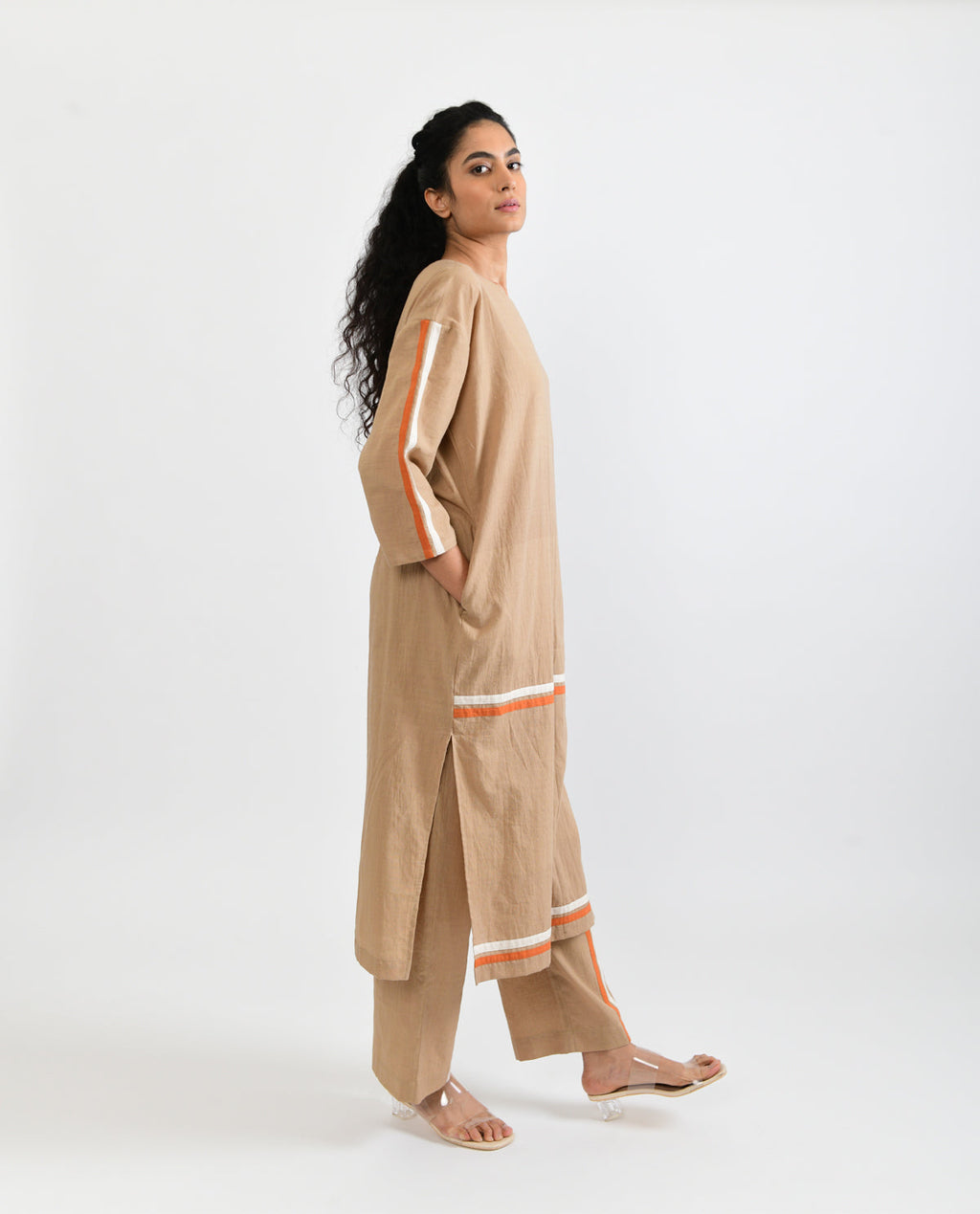 Beige Solid Co-ord Set at Kamakhyaa by Rias Jaipur. This item is Beige, Casual Wear, Co-ord Sets, For Mother, Handloom Cotton, Handspun, Handwoven, Hue, Relaxed Fit, Solids, Stripes, Travel, Travel Co-ords, Womenswear
