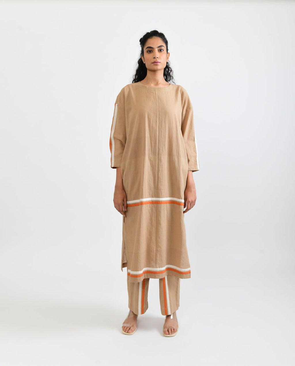 Beige Solid Co-ord Set at Kamakhyaa by Rias Jaipur. This item is Beige, Casual Wear, Co-ord Sets, For Mother, Handloom Cotton, Handspun, Handwoven, Hue, Relaxed Fit, Solids, Stripes, Travel, Travel Co-ords, Womenswear