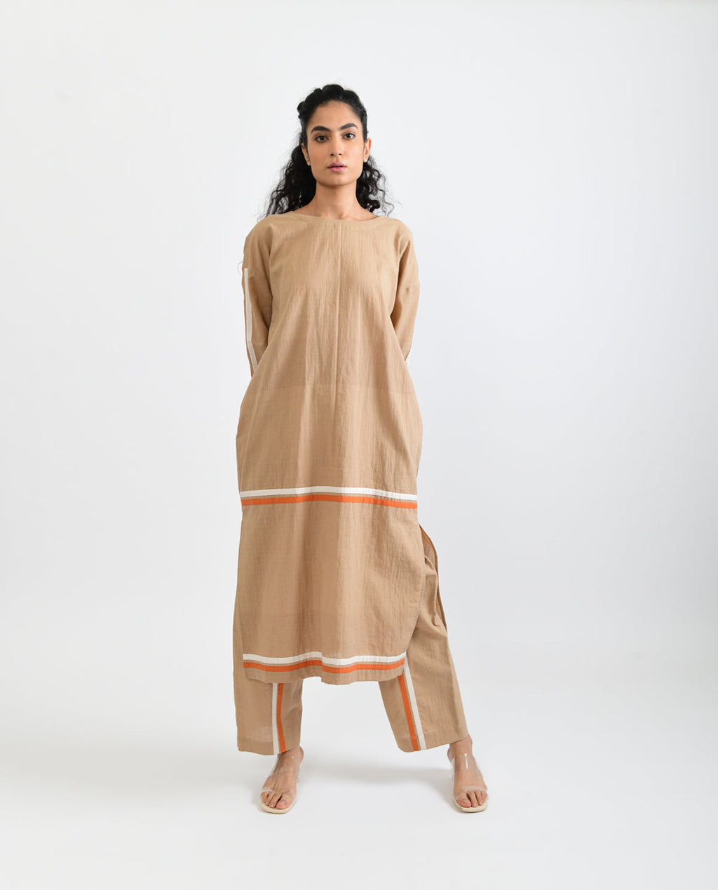Beige Solid Co-ord Set at Kamakhyaa by Rias Jaipur. This item is Beige, Casual Wear, Co-ord Sets, For Mother, Handloom Cotton, Handspun, Handwoven, Hue, Relaxed Fit, Solids, Stripes, Travel, Travel Co-ords, Womenswear